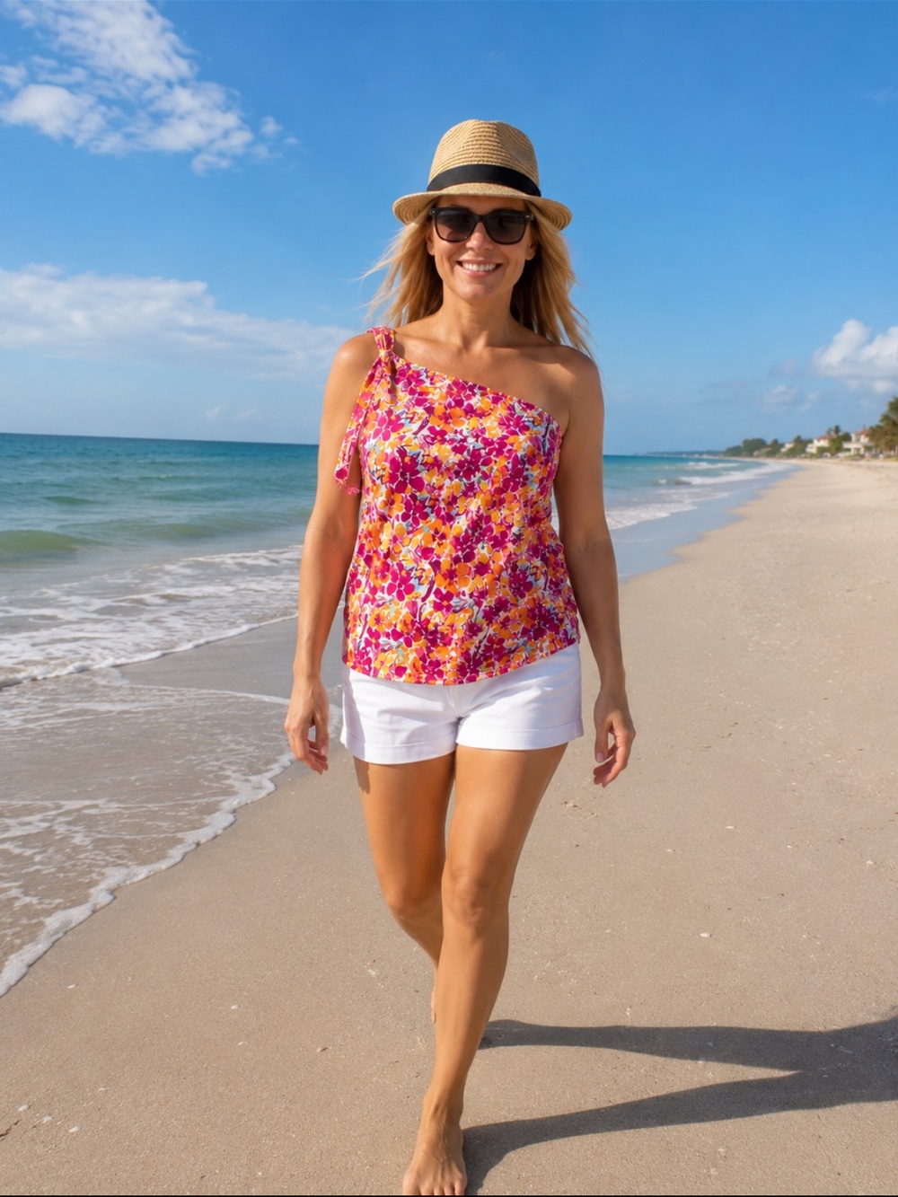 SHEIN One-Shoulder Floral Swim Coverup Top in Pink and Orange